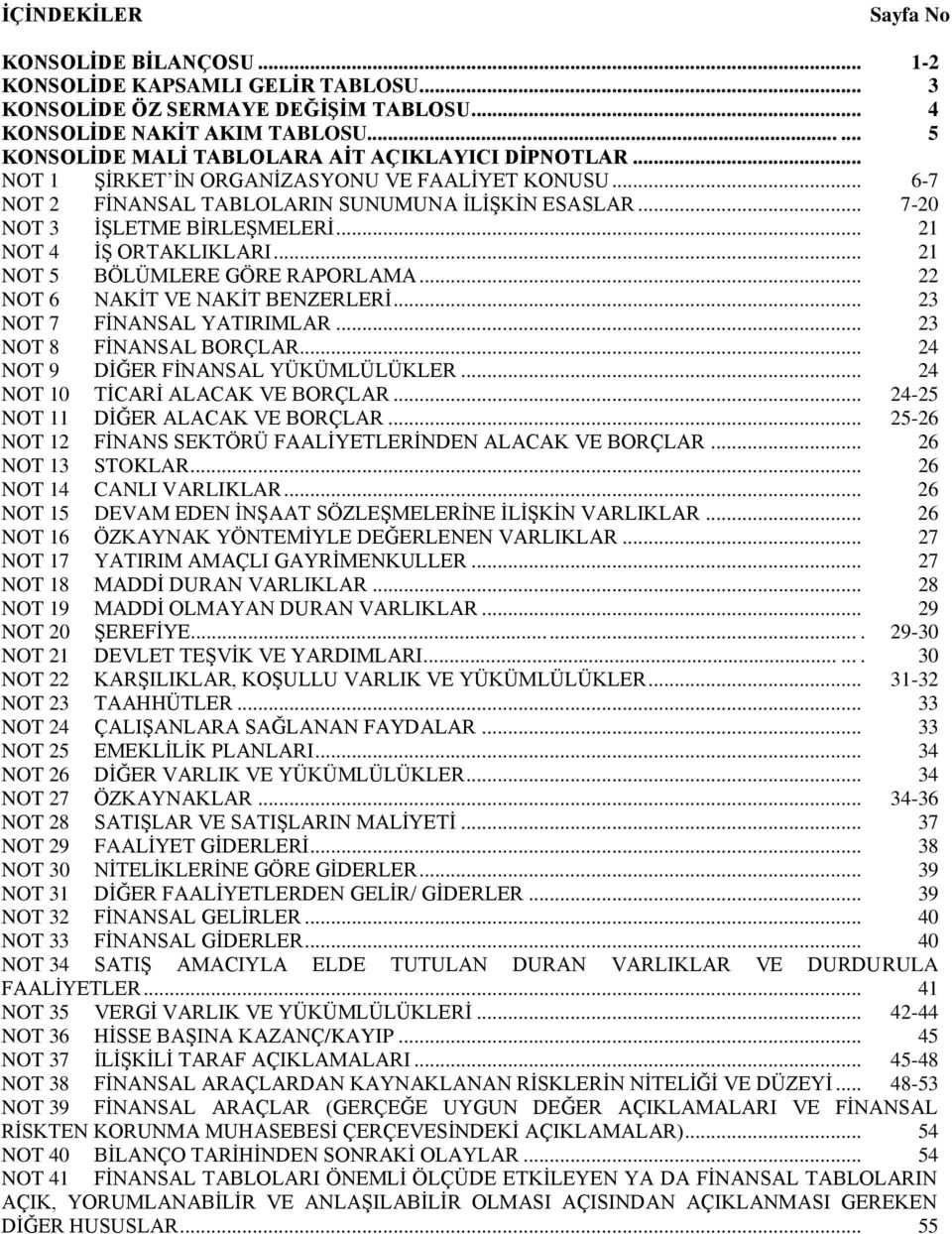 .. 7-20 NOT 3 İŞLETME BİRLEŞMELERİ... 21 NOT 4 İŞ ORTAKLIKLARI... 21 NOT 5 BÖLÜMLERE GÖRE RAPORLAMA... 22 NOT 6 NAKİT VE NAKİT BENZERLERİ... 23 NOT 7 FİNANSAL YATIRIMLAR... 23 NOT 8 FİNANSAL BORÇLAR.