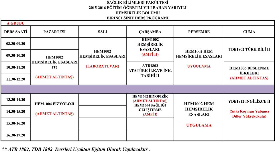 TARİHİ II HEM1002 HEM HEMŞİRELİK TDB1802 TÜRK DİLİ II HEM1006 BESLENME İLKELERİ HEM1004 FİZYOLOJİ