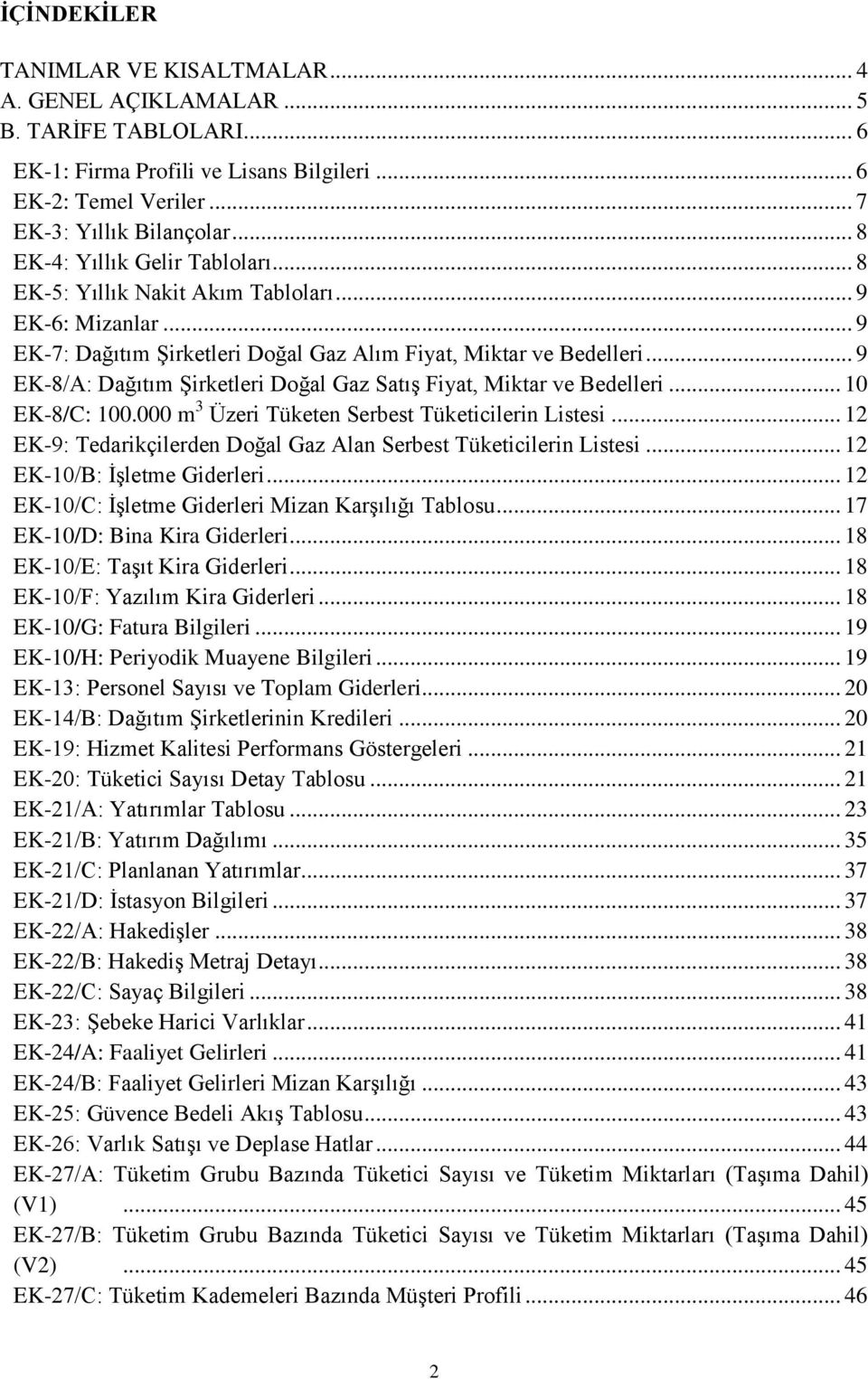 .. 9 EK-8/A: Dağıtım Şirketleri Doğal Gaz Satış Fiyat, Miktar ve Bedelleri... 10 EK-8/C: 100.000 m 3 Üzeri Tüketen Serbest Tüketicilerin Listesi.