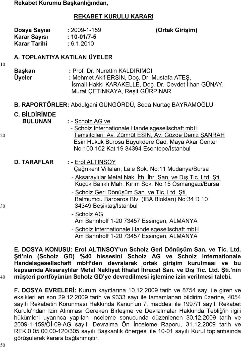 RAPORTÖRLER: Abdulgani GÜNGÖRDÜ, Seda Nurtaç BAYRAMOĞLU C. BİLDİRİMDE BULUNAN : - Scholz AG ve - Scholz Internationale Handelsgesellschaft mbh Temsilcileri: Av. Zümrüt ESİN, Av.