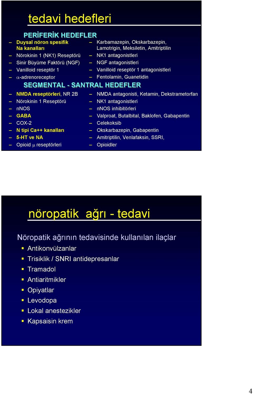 reseptör 1 antagonistleri Fentolamin, Guanetidin SEGMENTAL - SANTRAL HEDEFLER NMDA antagonisti, Ketamin, Dekstrametorfan NK1 antagonistleri nnos inhibitörleri Valproat, Butalbital, Baklofen,