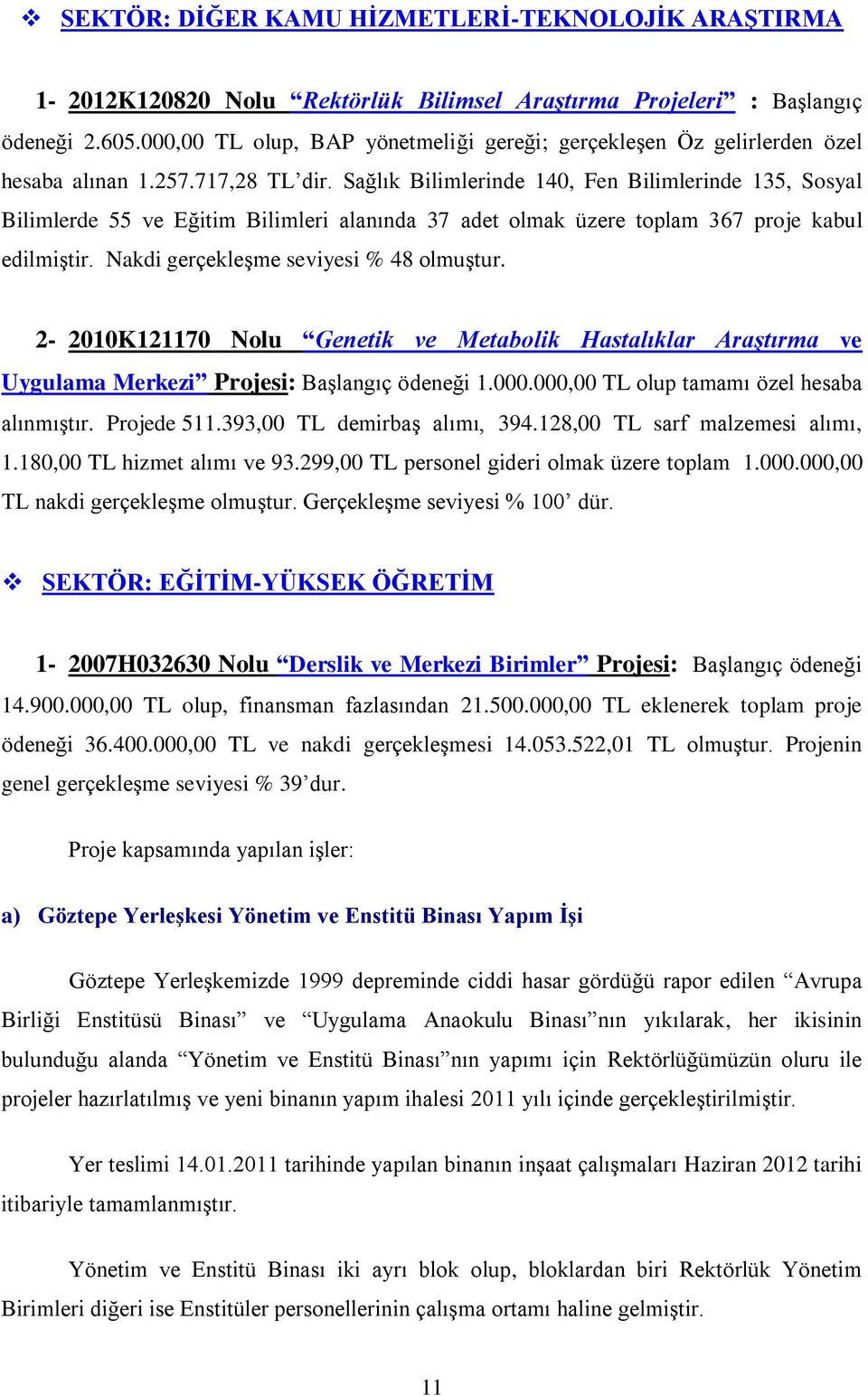 Sağlık Bilimlerinde 140, Fen Bilimlerinde 135, Sosyal Bilimlerde 55 ve Eğitim Bilimleri alanında 37 adet olmak üzere toplam 367 proje kabul edilmiştir. Nakdi gerçekleşme seviyesi % 48 olmuştur.