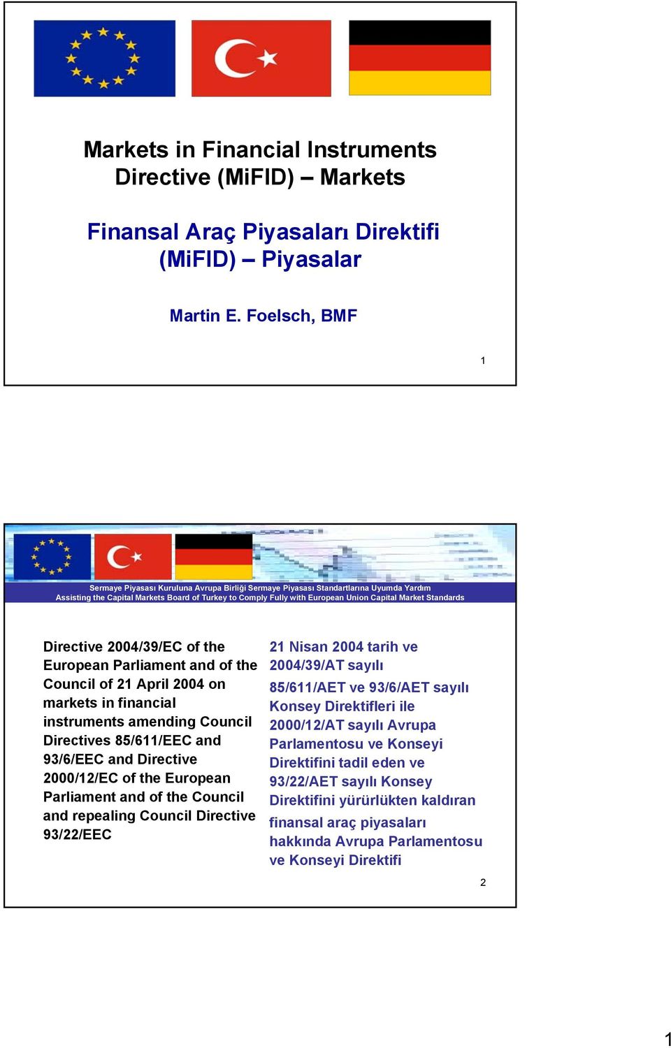 93/6/EEC and Directive 2000/12/EC of the European Parliament and of the Council and repealing Council Directive 93/22/EEC 21 Nisan 2004 tarih ve 2004/39/AT sayılı 85/611/AET ve