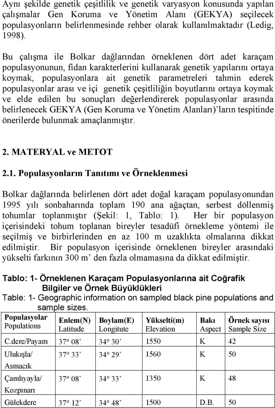 Bu çalışma ile Bolkar dağlarından örneklenen dört adet karaçam populasyonunun, fidan karakterlerini kullanarak genetik yapılarını ortaya koymak, populasyonlara ait genetik parametreleri tahmin ederek