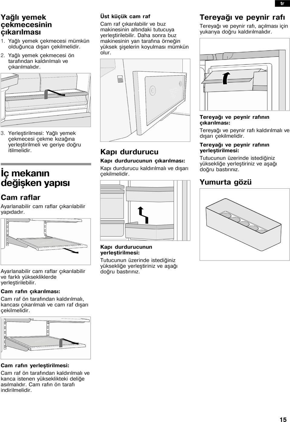 de tr Tereya ve peyir raf Tereya ve peyir raf, aç lmas içi yukar ya do ru kald r lmal d r. 3. Yerleåtirilmesi: Ya l yemek çekmecesi çekme k za a yerleåtirilmeli ve geriye do ru itilmelidir.