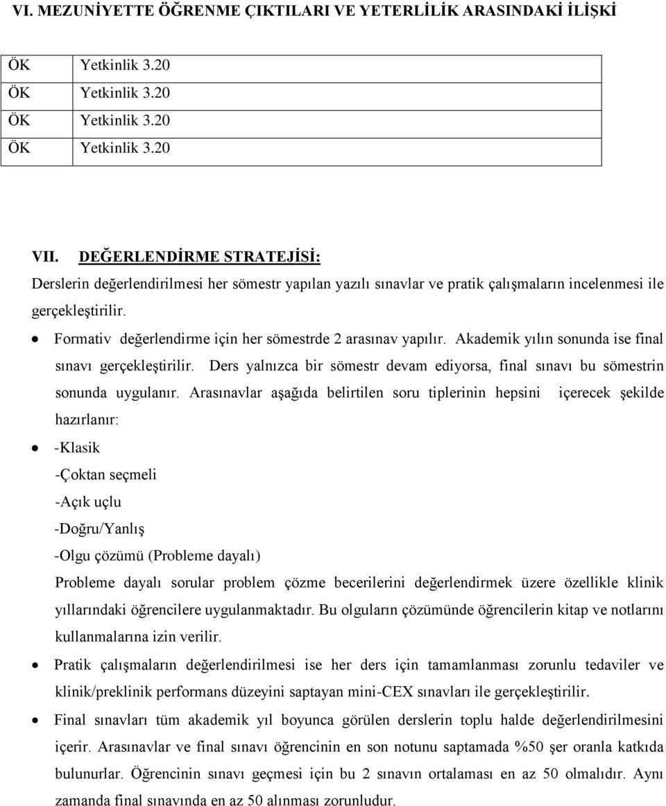 Formativ değerlendirme için her sömestrde 2 arasınav yapılır. Akademik yılın sonunda ise final sınavı gerçekleştirilir.