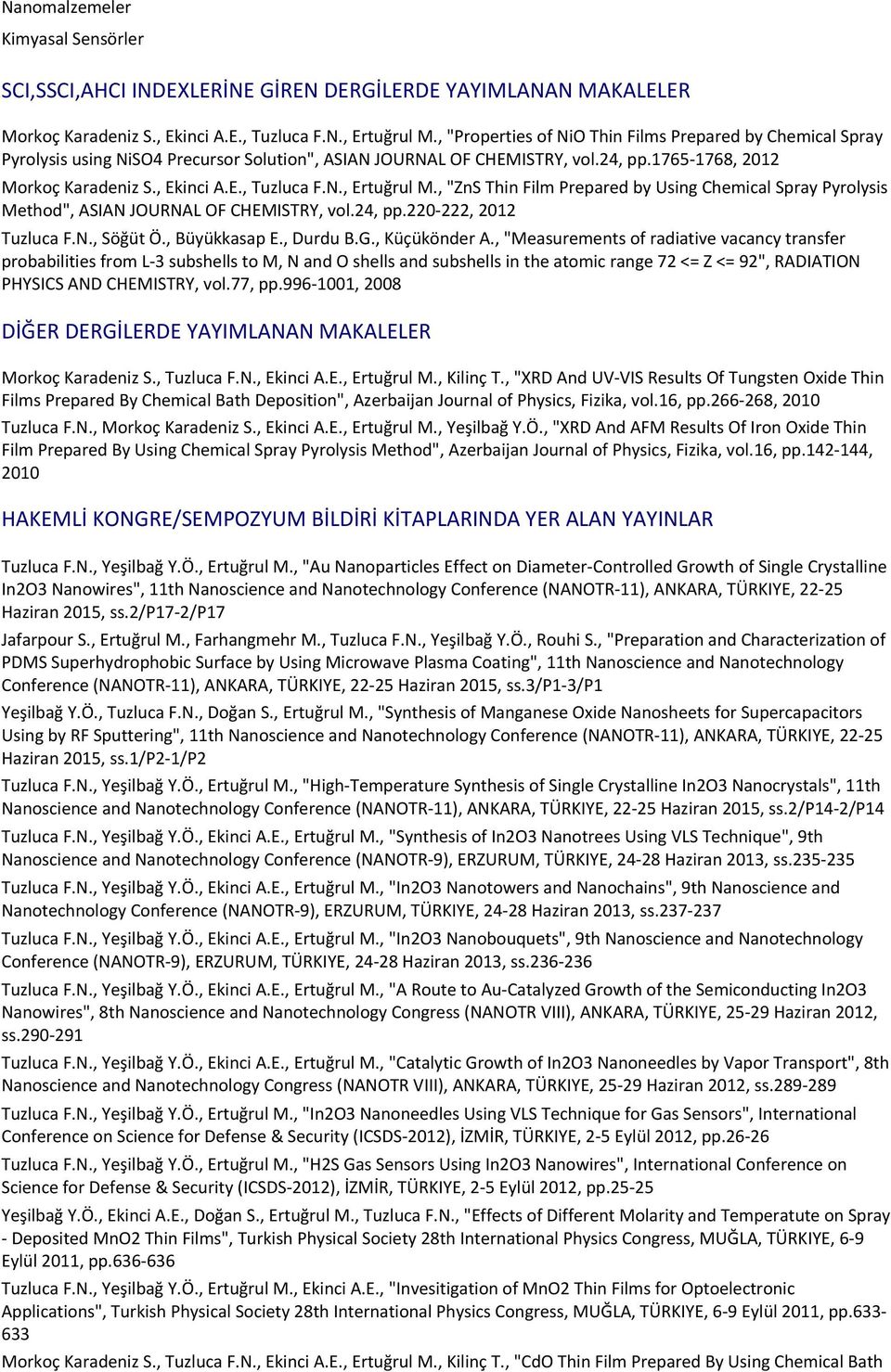 N., Ertuğrul M., "ZnS Thin Film Prepared by Using Chemical Spray Pyrolysis Method", ASIAN JOURNAL OF CHEMISTRY, vol.24, pp.220-222, 2012 Tuzluca F.N., Söğüt Ö., Büyükkasap E., Durdu B.G.