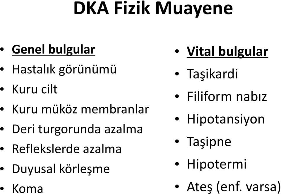 Reflekslerde azalma Duyusal körleşme Koma Vital bulgular