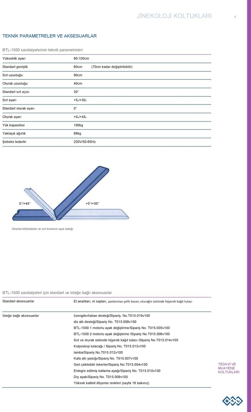 bölümünün ve sırt kısmının ayar aralığı BTL1500 sandalyeleri için standart ve isteğe bağlı aksesuarlar Standart aksesuarlar El anahtarı, el sapları, paslanmaz çelik kazan, turağın üstünde hijyenik