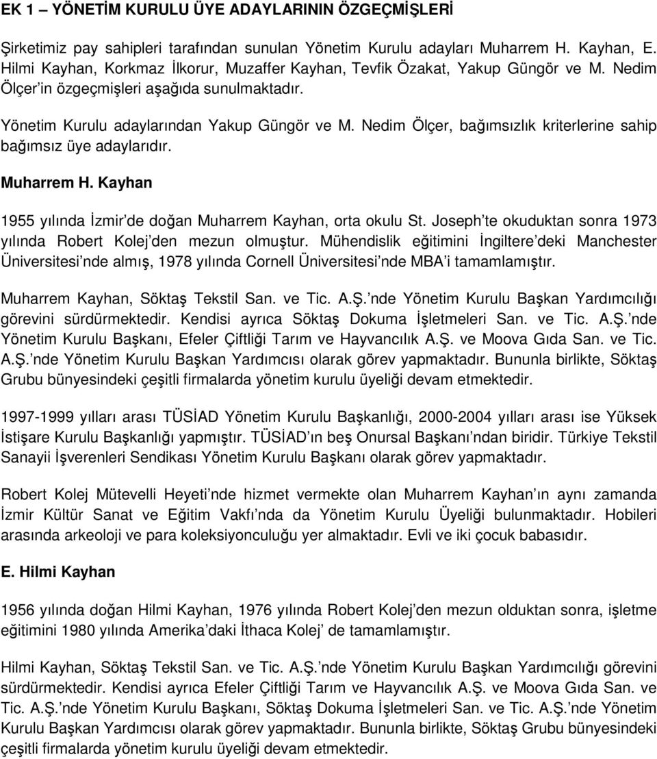 Nedim Ölçer, bağımsızlık kriterlerine sahip bağımsız üye adaylarıdır. Muharrem H. Kayhan 1955 yılında İzmir de doğan Muharrem Kayhan, orta okulu St.