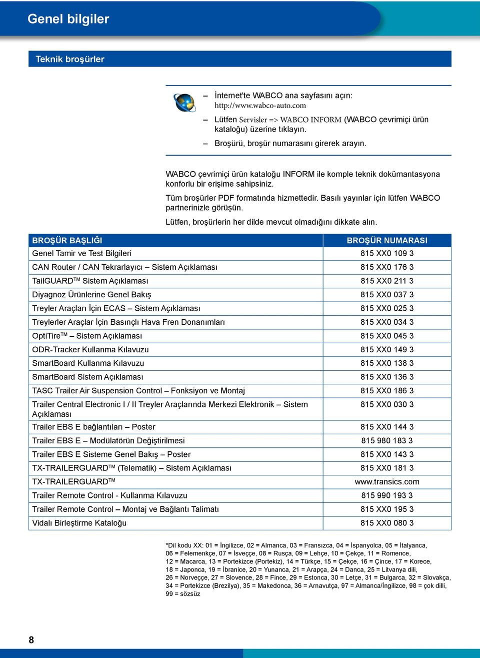 Basılı yayınlar için lütfen WABCO partnerinizle görüşün. Lütfen, broşürlerin her dilde mevcut olmadığını dikkate alın.