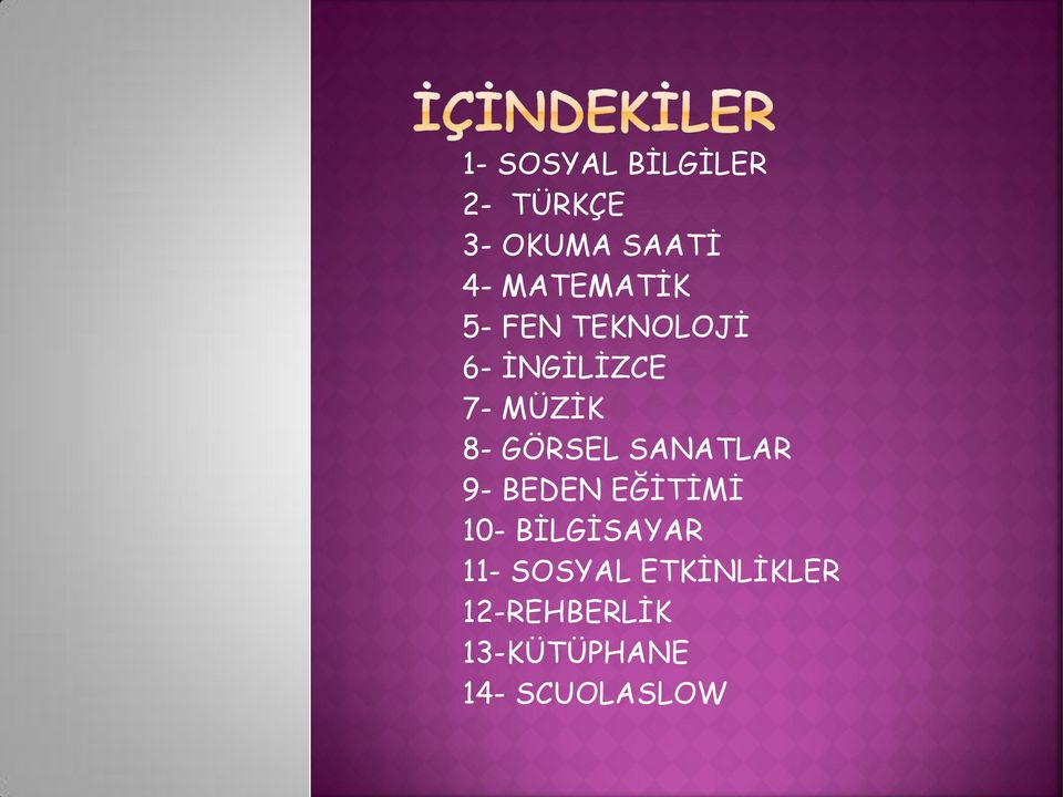 GÖRSEL SANATLAR 9- BEDEN EĞİTİMİ 10- BİLGİSAYAR 11-