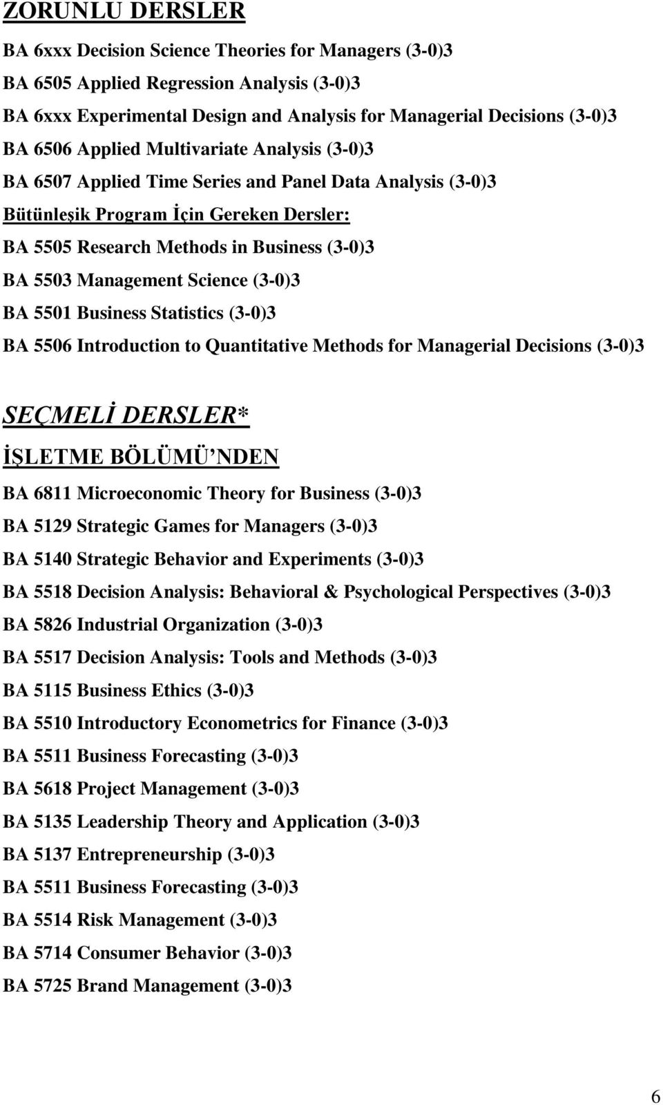Science (3-0)3 BA 5501 Business Statistics (3-0)3 BA 5506 Introduction to Quantitative Methods for Managerial Decisions (3-0)3 SEÇMELİ DERSLER* İŞLETME BÖLÜMÜ NDEN BA 6811 Microeconomic Theory for