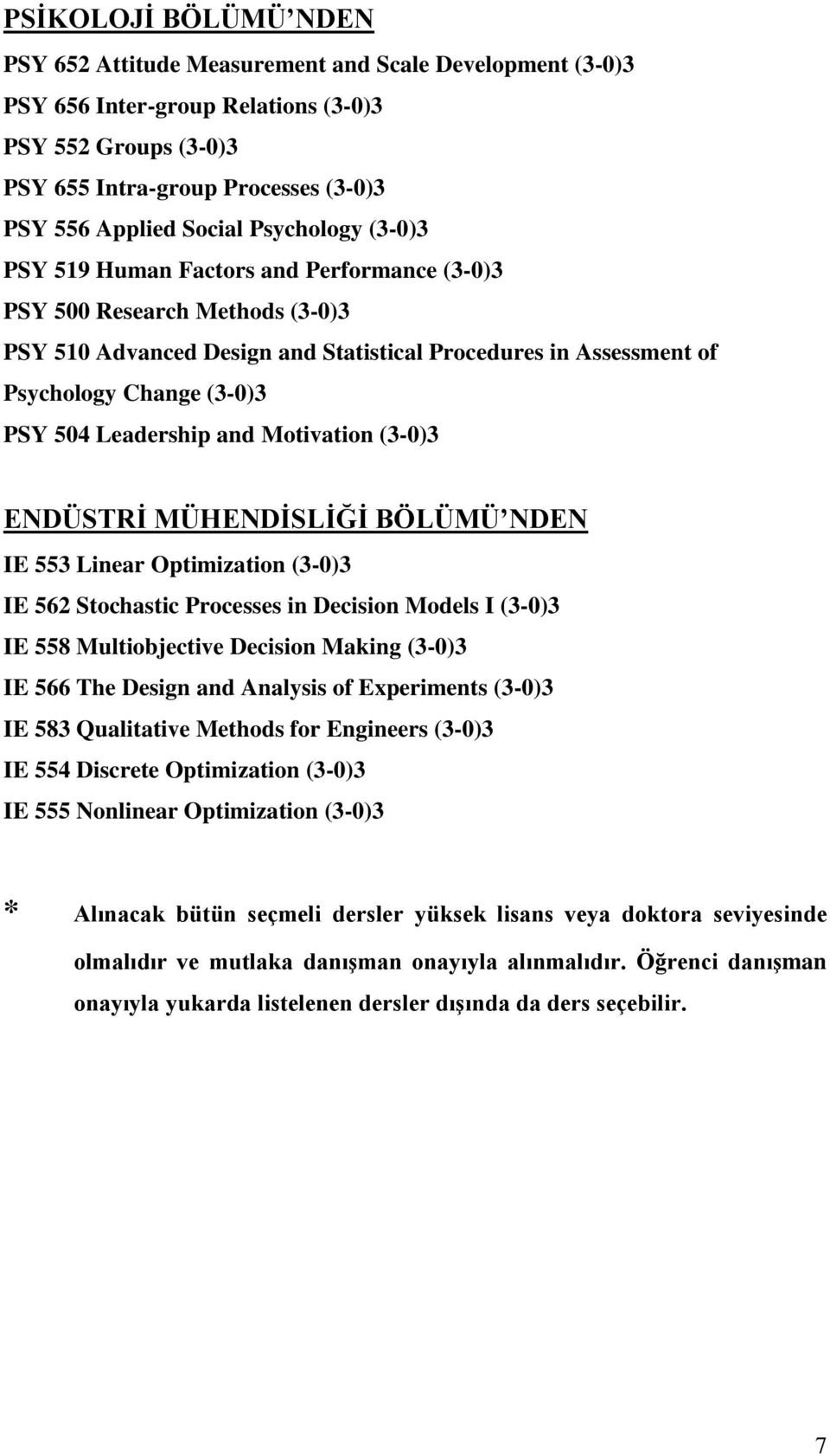 Leadership and Motivation (3-0)3 ENDÜSTRİ MÜHENDİSLİĞİ BÖLÜMÜ NDEN IE 553 Linear Optimization (3-0)3 IE 562 Stochastic Processes in Decision Models I (3-0)3 IE 558 Multiobjective Decision Making