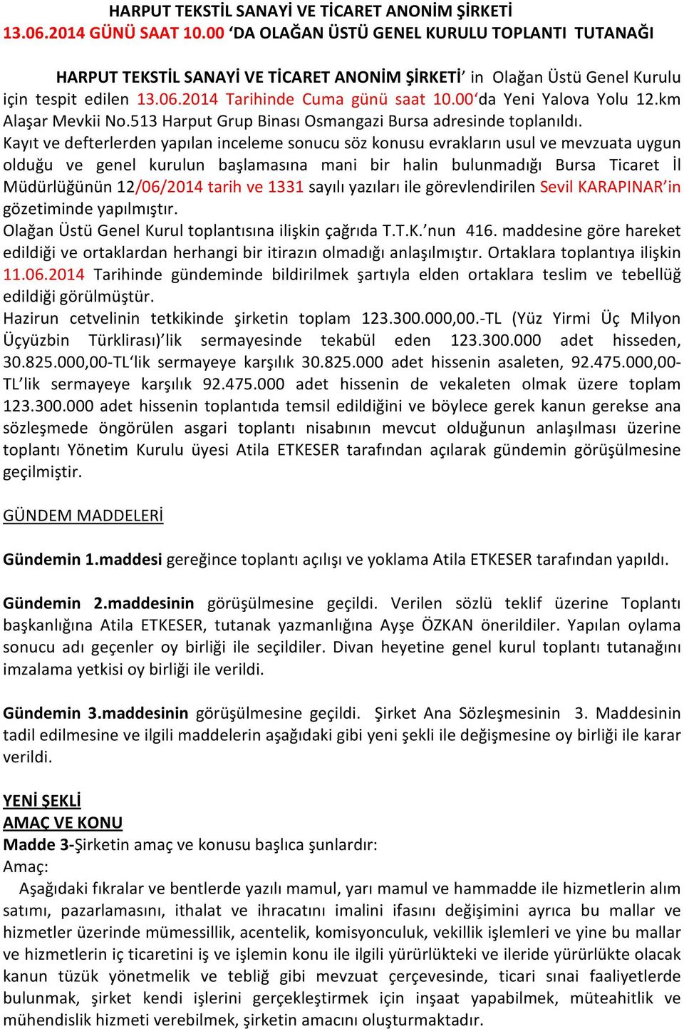 00 da Yeni Yalova Yolu 12.km Alaşar Mevkii No.513 Harput Grup Binası Osmangazi Bursa adresinde toplanıldı.