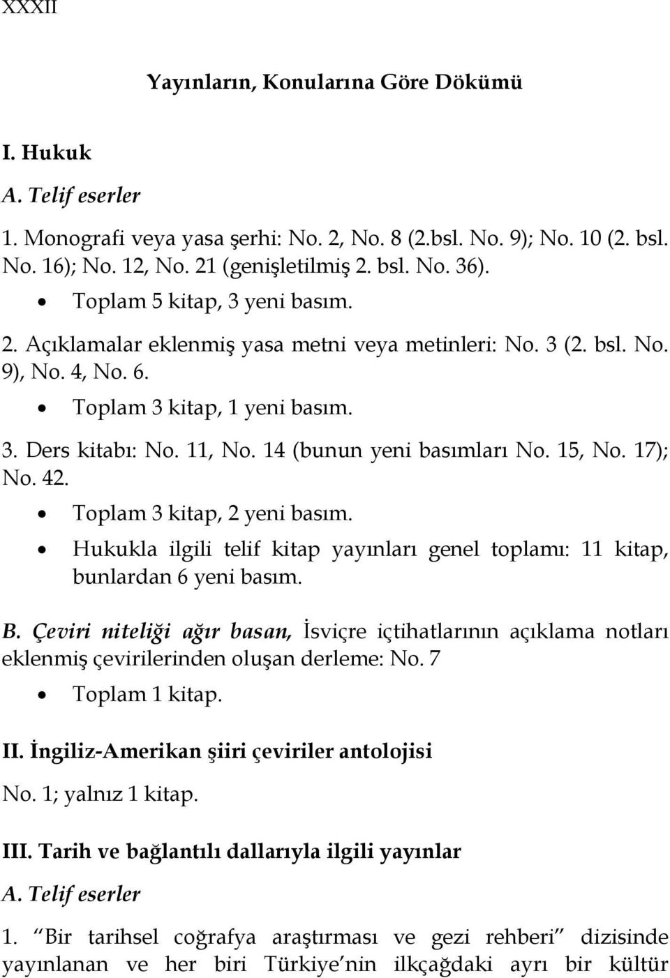 14 (bunun yeni basımları No. 15, No. 17); No. 42. Toplam 3 kitap, 2 yeni basım. Hukukla ilgili telif kitap yayınları genel toplamı: 11 kitap, bunlardan 6 yeni basım. B.