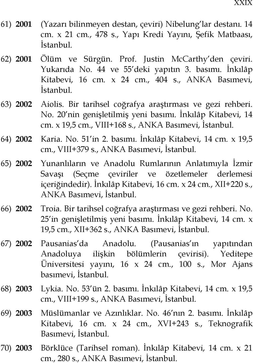 Đnkılâp Kitabevi, 14 cm. x 19,5 cm., VIII+168 s., ANKA Basımevi, 64) 2002 Karia. No. 51 in 2. basımı. Đnkılâp Kitabevi, 14 cm. x 19,5 cm., VIII+379 s.