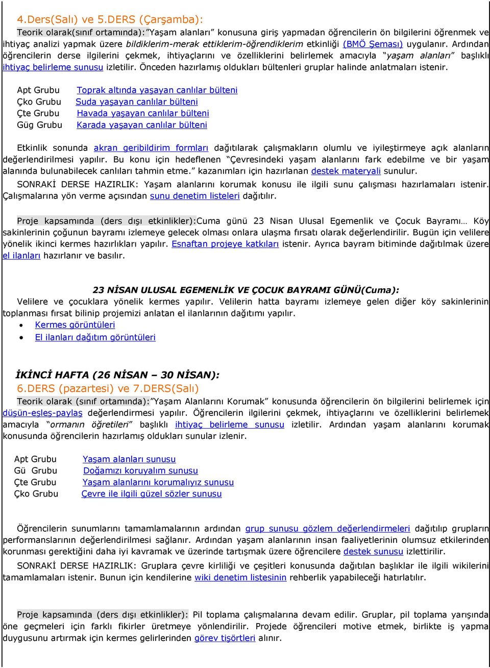 etkinliği (BMÖ ġeması) uygulanır. Ardından öğrencilerin derse ilgilerini çekmek, ihtiyaçlarını ve özelliklerini belirlemek amacıyla yaşam alanları baģlıklı ihtiyaç belirleme sunusu izletilir.