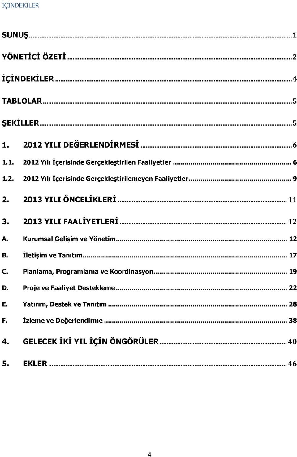 Kurumsal Gelişim ve Yönetim... 12 B. İletişim ve Tanıtım... 17 C. Planlama, Programlama ve Koordinasyon... 19 D. Proje ve Faaliyet Destekleme.