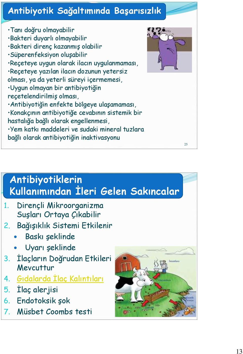 antibiyotiğe cevabının sistemik bir hastalığa bağlı olarak engellenmesi, Yem katkı maddeleri ve sudaki mineral tuzlara bağlı olarak antibiyotiğin inaktivasyonu 25 Antibiyotiklerin Kullanımından İleri