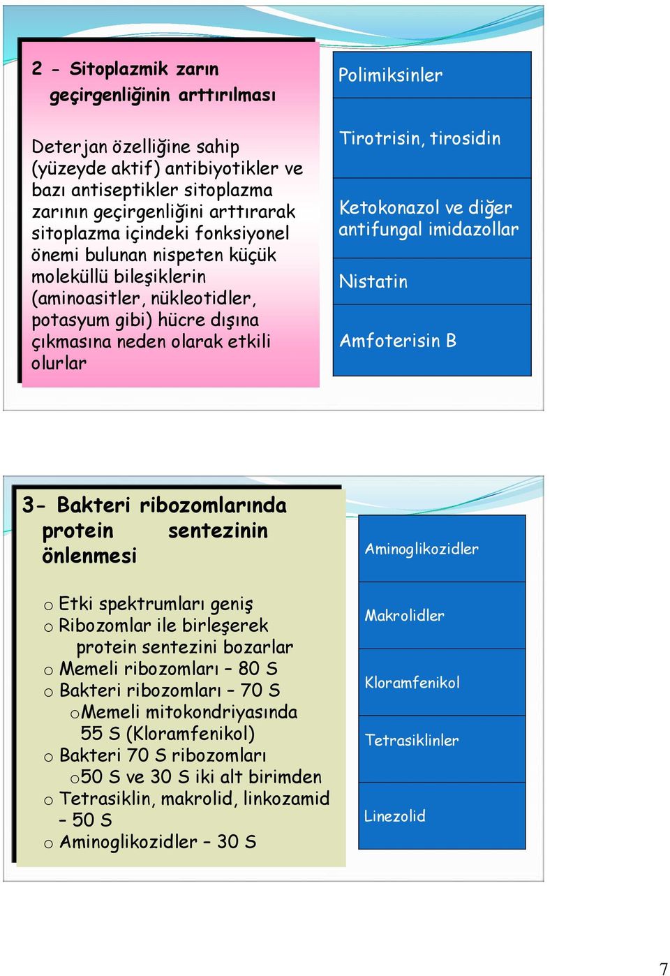 Ketokonazol ve diğer antifungal imidazollar Nistatin Amfoterisin B 3- Bakteri ribozomlarında protein sentezinin önlenmesi o Etki spektrumları geniş o Ribozomlar ile birleşerek protein sentezini