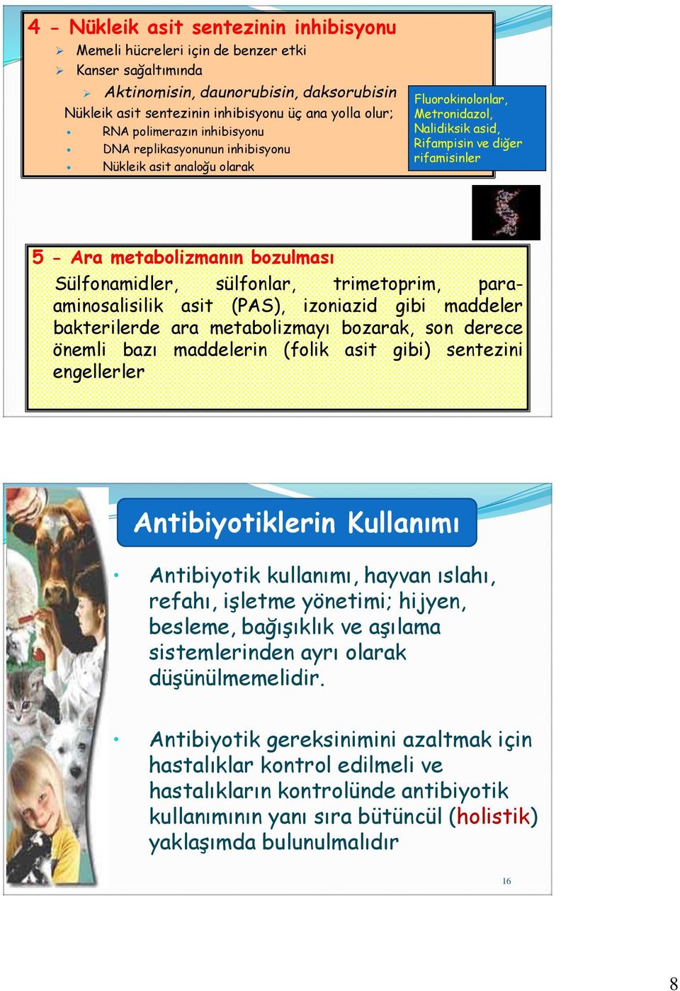 Sülfonamidler, sülfonlar, trimetoprim, paraaminosalisilik asit (PAS), izoniazid gibi maddeler bakterilerde ara metabolizmayı bozarak, son derece önemli bazı maddelerin (folik asit gibi) sentezini