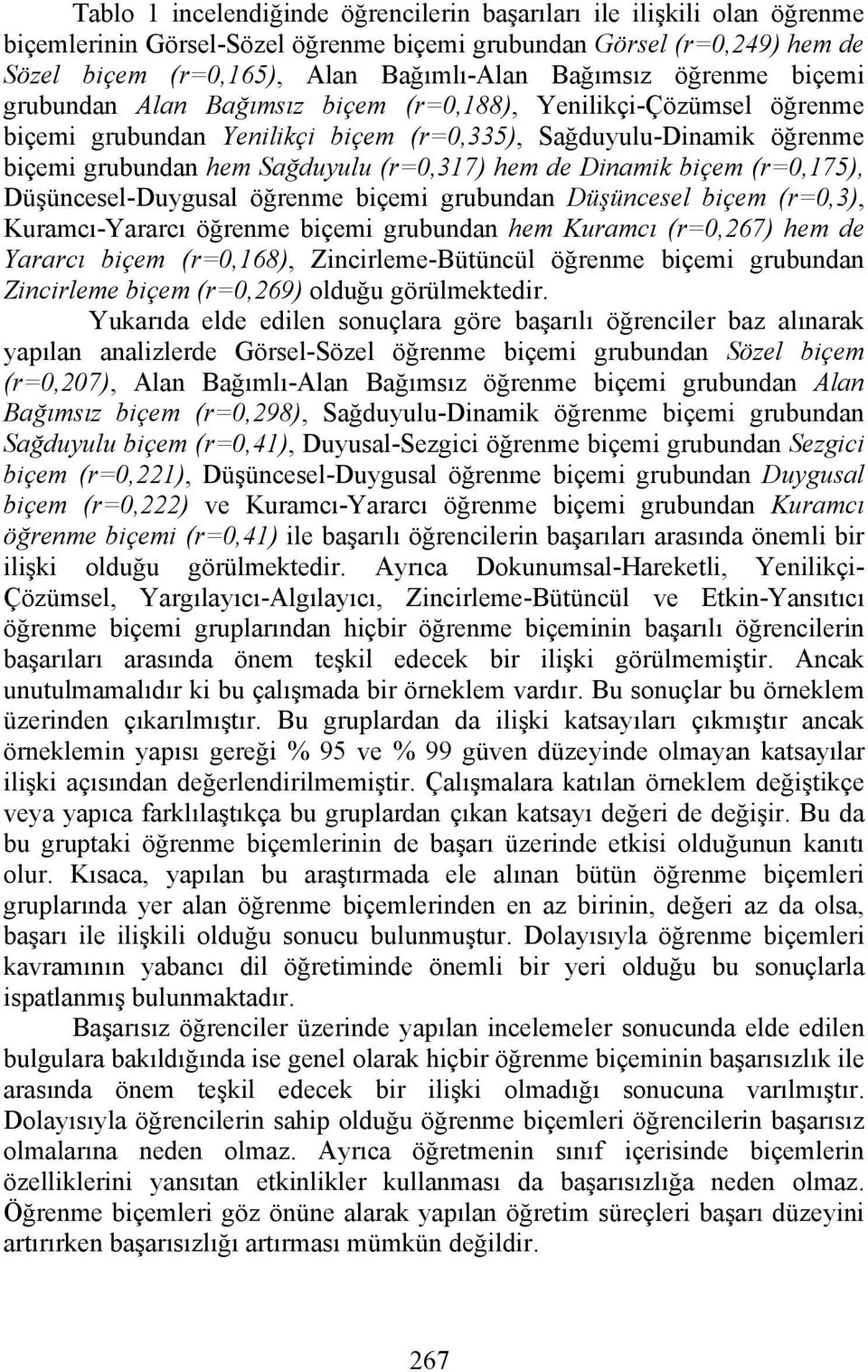 de Dinamik biçem (r=0,175), Düşüncesel-Duygusal öğrenme biçemi grubundan Düşüncesel biçem (r=0,3), Kuramcı-Yararcı öğrenme biçemi grubundan hem Kuramcı (r=0,267) hem de Yararcı biçem (r=0,168),