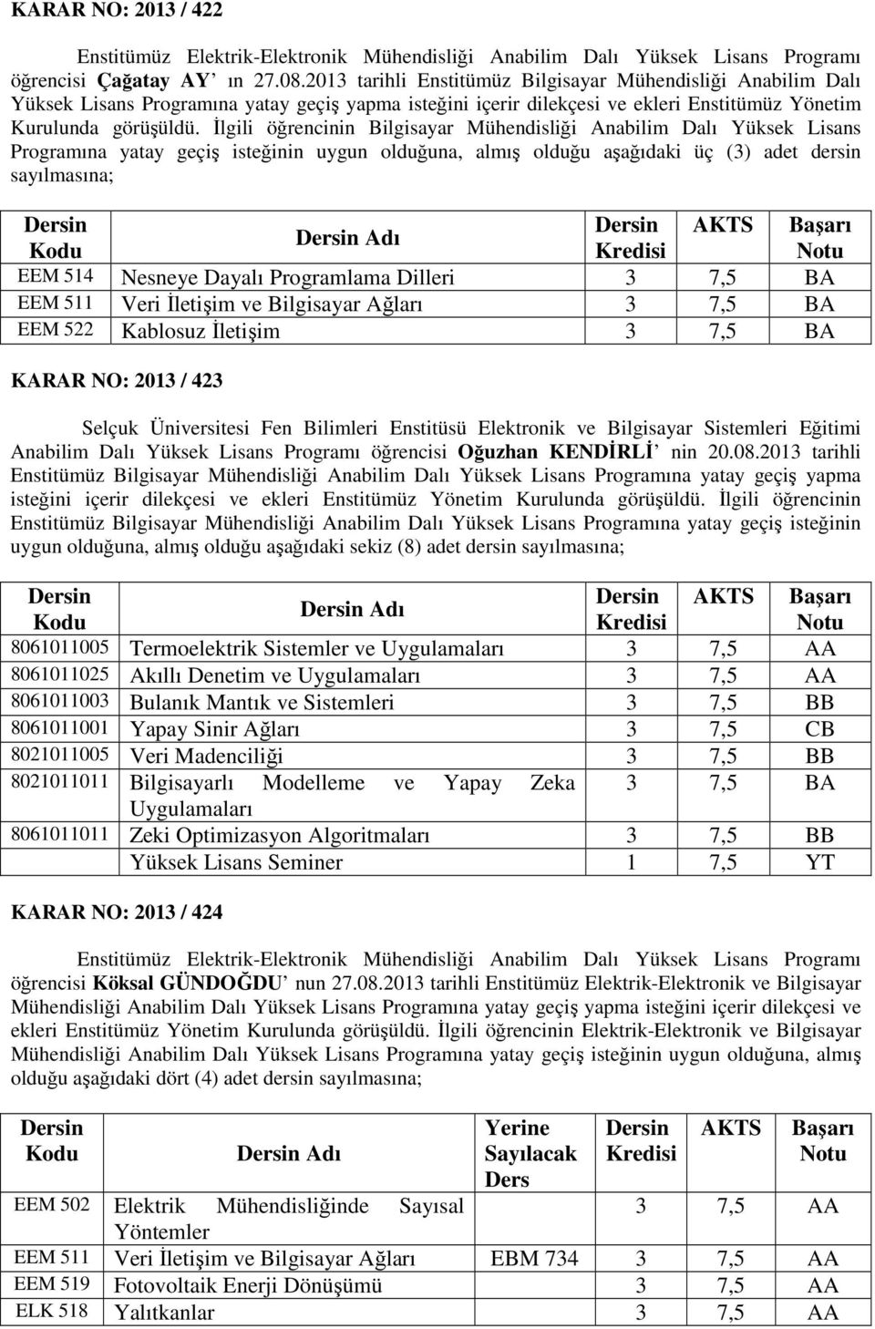 İlgili öğrencinin Bilgisayar Mühendisliği Anabilim Dalı Yüksek Lisans Programına yatay geçiş isteğinin uygun olduğuna, almış olduğu aşağıdaki üç (3) adet dersin sayılmasına; AKTS Başarı Adı EEM 514