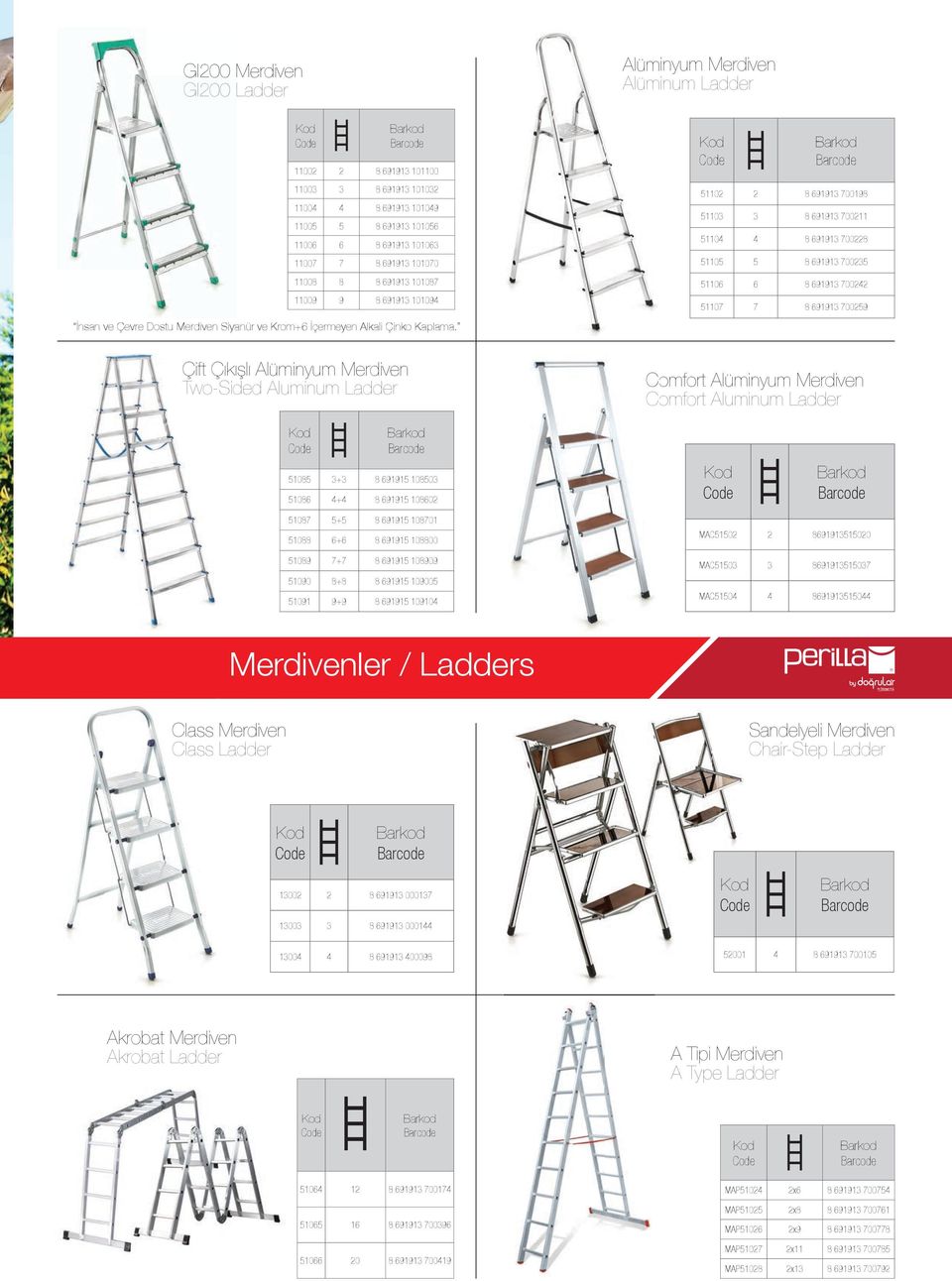 Alüminyum Merdiven Alüminum Ladder 51102 2 8 691913 700198 51103 3 8 691913 700211 51104 4 8 691913 700228 51105 5 8 691913 700235 51106 6 8 691913 700242 51107 7 8 691913 700259 Çift Çıkışlı