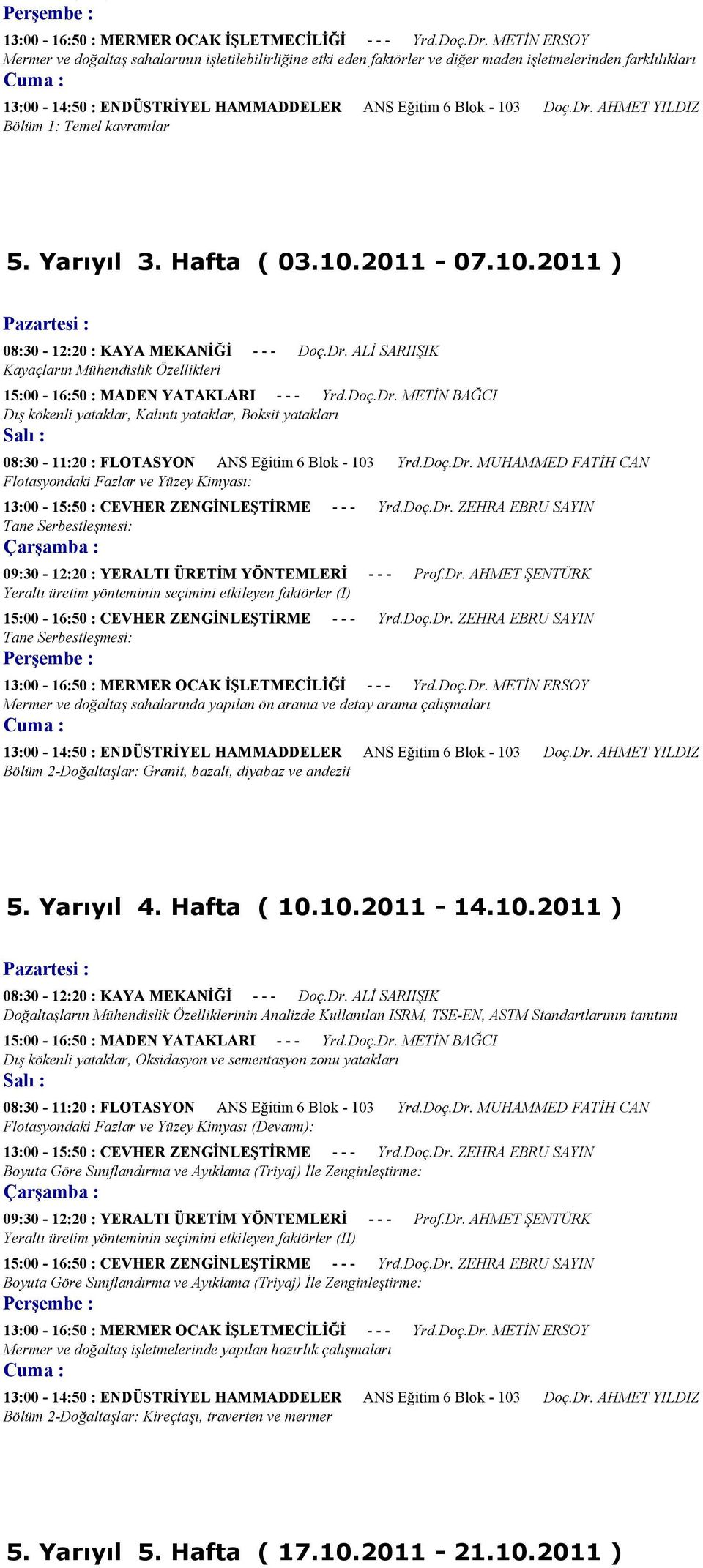 AHMET YILDIZ Bölüm 1: Temel kavramlar 5. Yarıyıl 3. Hafta ( 03.10.2011-07.10.2011 ) 08:30-12:20 : KAYA MEKANİĞİ - - - Doç.Dr.