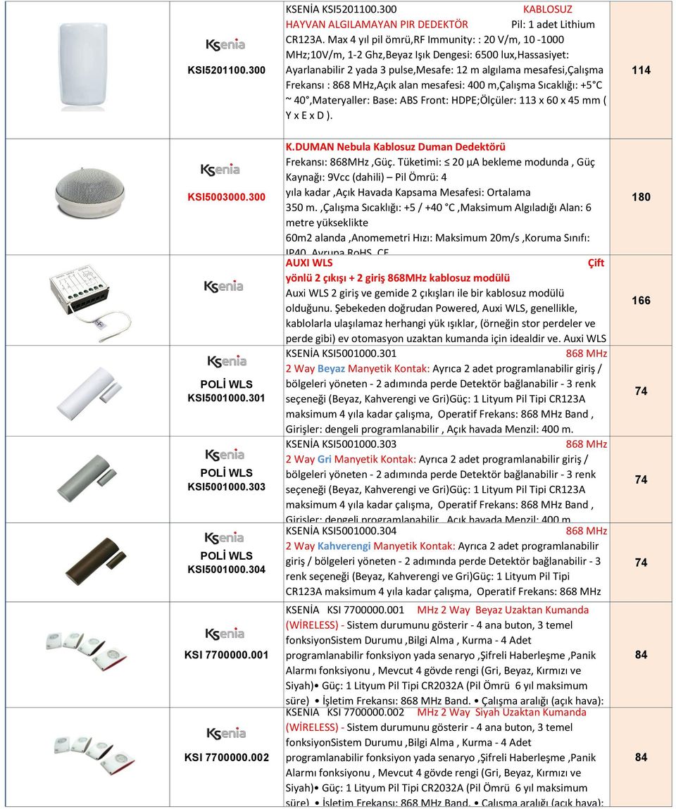 MHz,Açık alan mesafesi: 400 m,çalışma Sıcaklığı: +5 C ~ 40,Materyaller: Base: ABS Front: HDPE;Ölçüler: 113 x 60 x 45 mm ( Y x E x D ). 114 KSI5003000.300 POLİ WLS KSI5001000.301 POLİ WLS KSI5001000.