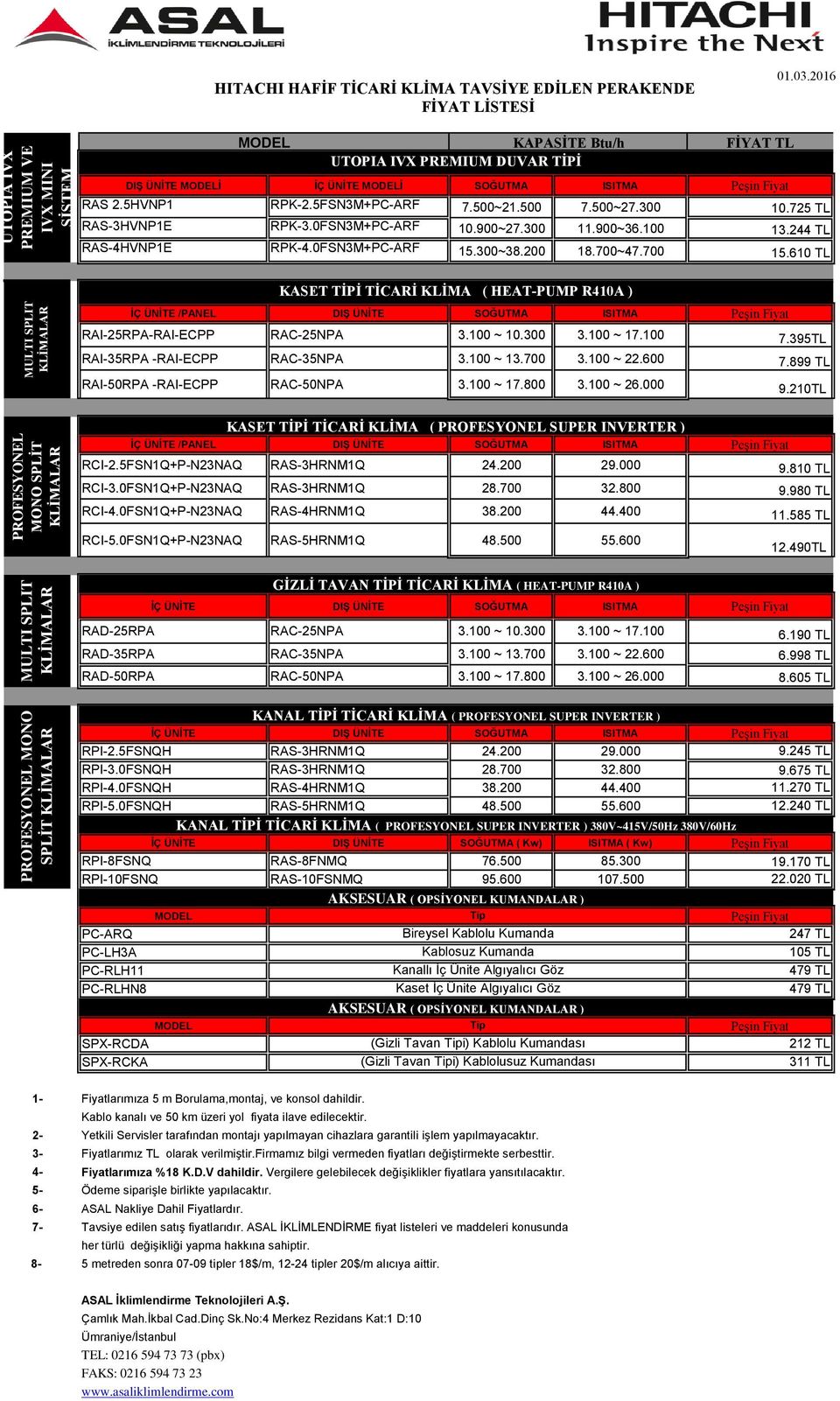 610 TL MULTI SPLIT KASET İ TİCARİ KLİMA ( HEAT-PUMP R410A ) İÇ ÜNİTE /PANEL DIŞ ÜNİTE SOĞUTMA ISITMA RAI-25RPA-RAI-ECPP RAC-25NPA 3.100 ~ 10.300 3.100 ~ 17.100 7.395TL RAI-35RPA -RAI-ECPP RAC-35NPA 3.