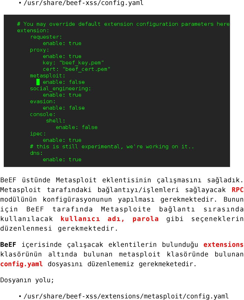 Bunun için BeEF tarafında Metasploite bağlantı sırasında kullanılacak kullanıcı adı, parola gibi seçeneklerin düzenlenmesi gerekmektedir.