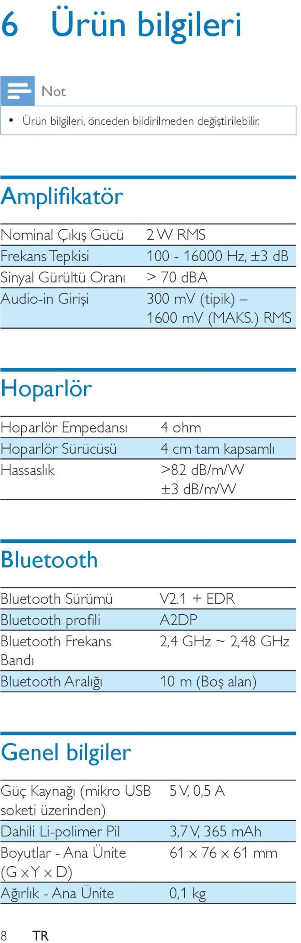 ) RMS Hoparlör Hoparlör Empedansı Hoparlör Sürücüsü Hassaslık 4 ohm 4 cm tam kapsamlı >82 db/m/w ±3 db/m/w Bluetooth Bluetooth Sürümü Bluetooth profili Bluetooth