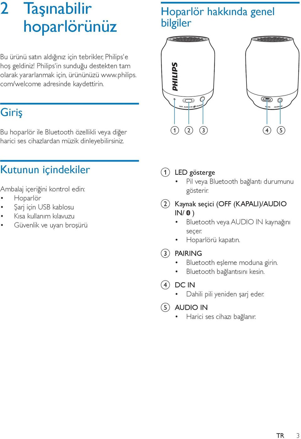 a b c d e Kutunun içindekiler Ambalaj içeriğini kontrol edin: Hoparlör Şarj için USB kablosu Kısa kullanım kılavuzu Güvenlik ve uyarı broşürü a LED gösterge Pil veya Bluetooth bağlantı durumunu