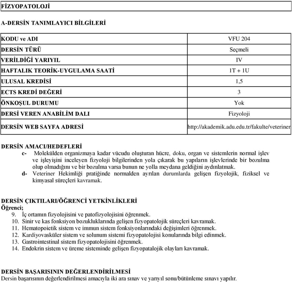 tr/fakulte/veteriner DERSĠN AMACI/HEDEFLERĠ c- Molekülden organizmaya kadar vücudu oluşturan hücre, doku, organ ve sistemlerin normal işlev ve işleyişini inceleyen fizyoloji bilgilerinden yola