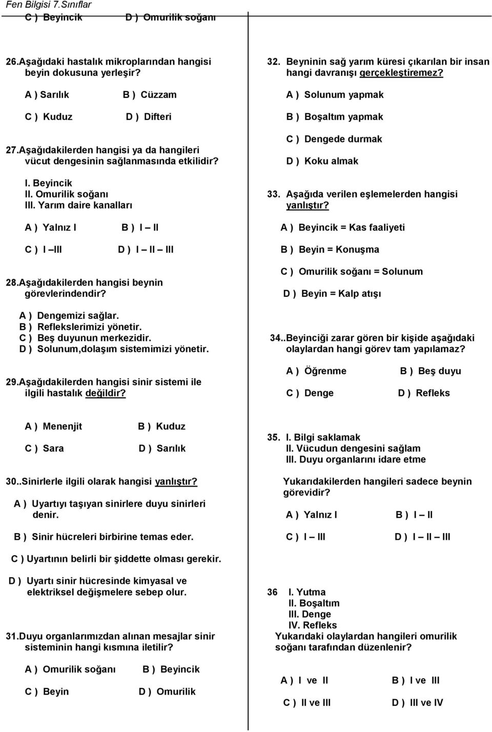 Omurilik soğanı III. Yarım daire kanalları C ) Dengede durmak D ) Koku almak 33. Aşağıda verilen eşlemelerden hangisi yanlıştır? C ) I III cik = Kas faaliyeti B ) Beyin = Konuşma 28.