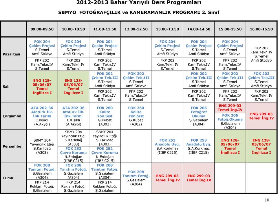 Sist SBMY 204 Yayıncılık Etiği FOK 252 Çevre Koruma FOK 208 Tanıtım Fotoğ. FKP 214 Reklam Fotoğ. FOK 260 Kalite Yön.Sist FOK 208 Tanıtım Fotoğ. FOK 253 Anadolu Uyg. İng.