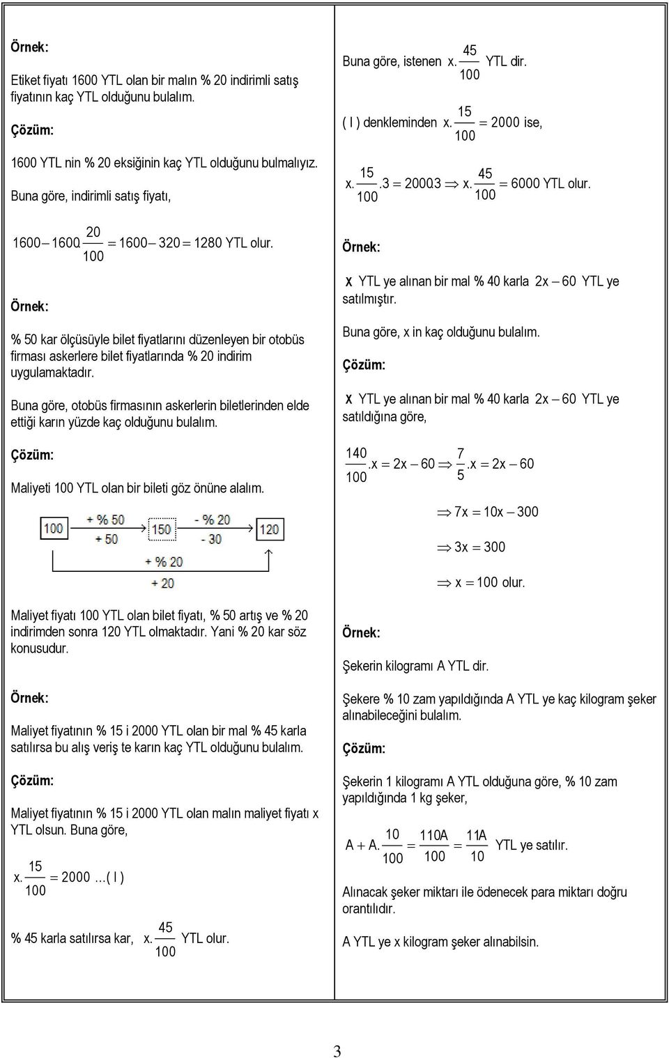 otobüs firmasının askerlerin biletlerinden elde ettiği karın yüzde kaç olduğunu bulalım. Maliyeti YTL olan bir bileti göz önüne alalım. 45 istenen x. YTL dir. 15 ( I ) denkleminden 000 ise, 15 45.