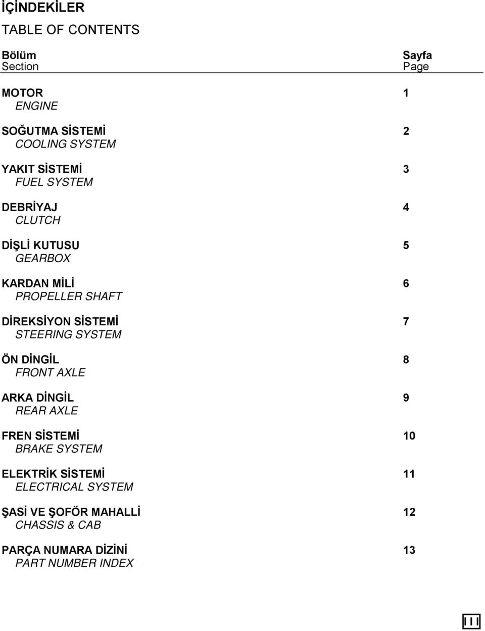 SİSTEMİ 7 STEERING SYSTEM ÖN DİNGİL 8 FRONT AXLE ARKA DİNGİL 9 REAR AXLE FREN SİSTEMİ 10 BRAKE SYSTEM