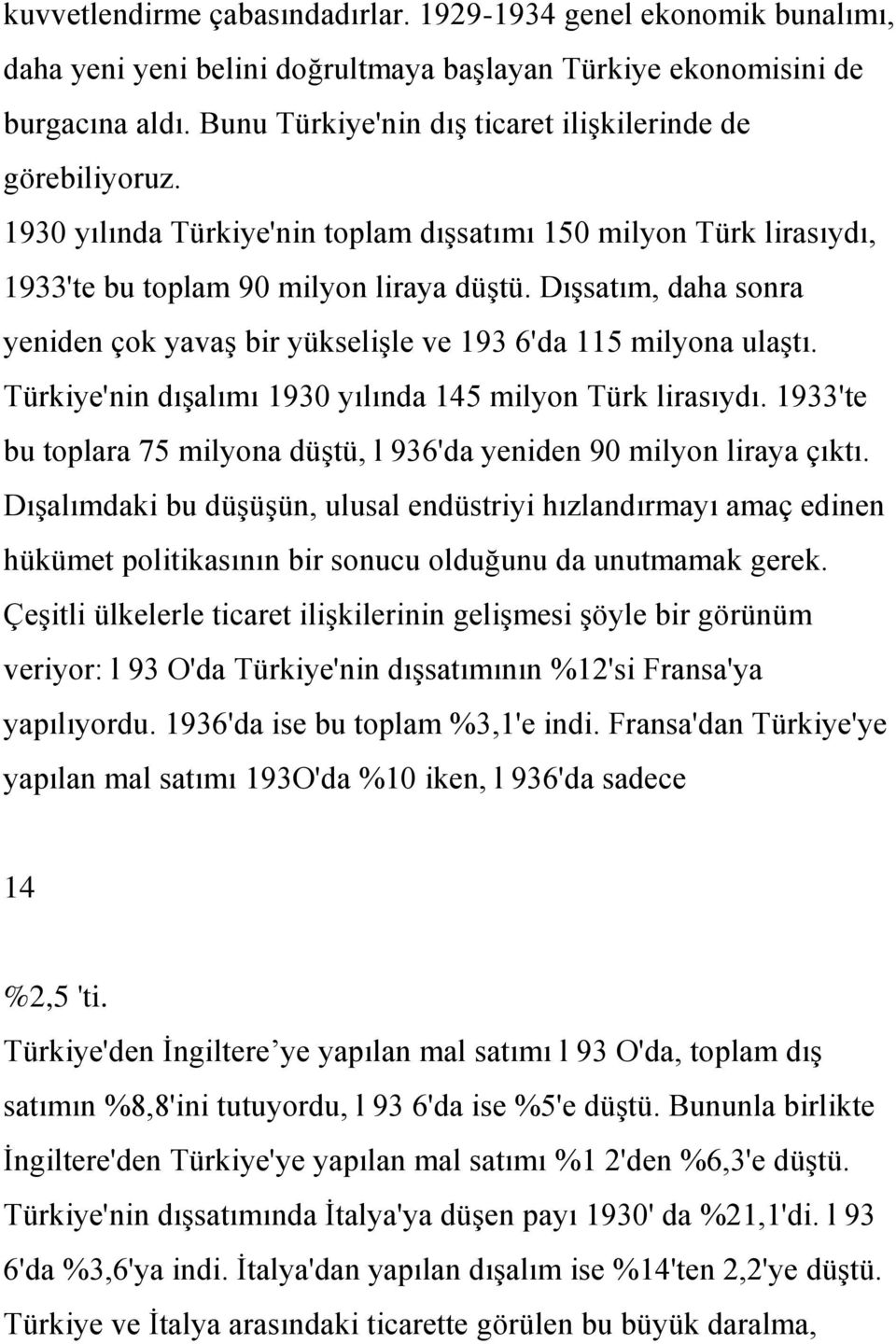 Dışsatım, daha sonra yeniden çok yavaş bir yükselişle ve 193 6'da 115 milyona ulaştı. Türkiye'nin dışalımı 1930 yılında 145 milyon Türk lirasıydı.