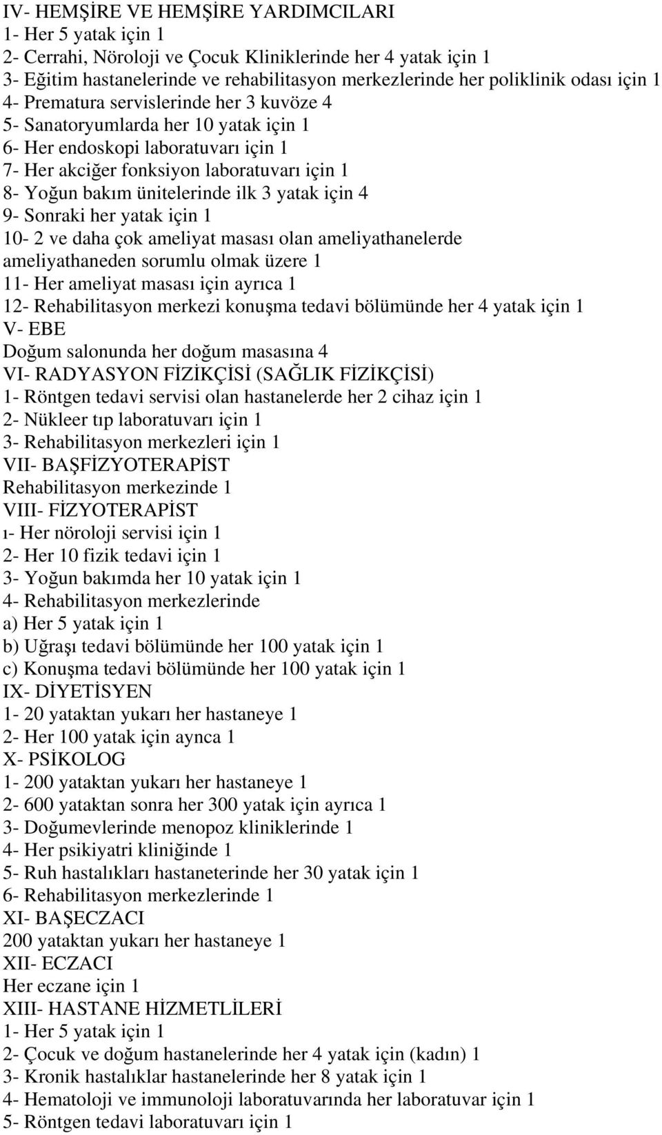 ilk 3 yatak için 4 9- Sonraki her yatak için 1 10-2 ve daha çok ameliyat masası olan ameliyathanelerde ameliyathaneden sorumlu olmak üzere 1 11- Her ameliyat masası için ayrıca 1 12- Rehabilitasyon