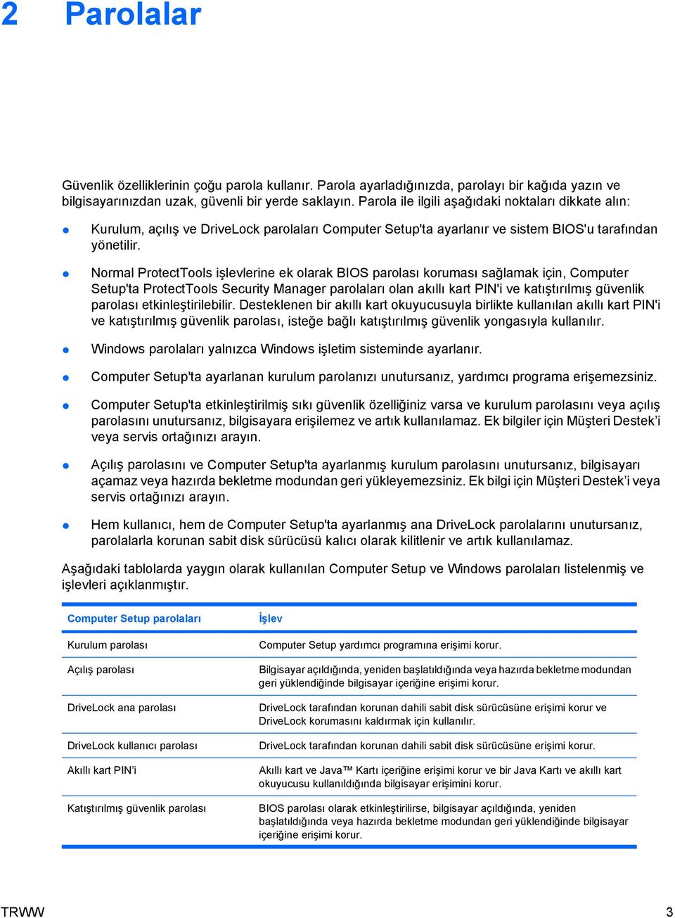 Normal ProtectTools işlevlerine ek olarak BIOS parolası koruması sağlamak için, Computer Setup'ta ProtectTools Security Manager parolaları olan akıllı kart PIN'i ve katıştırılmış güvenlik parolası