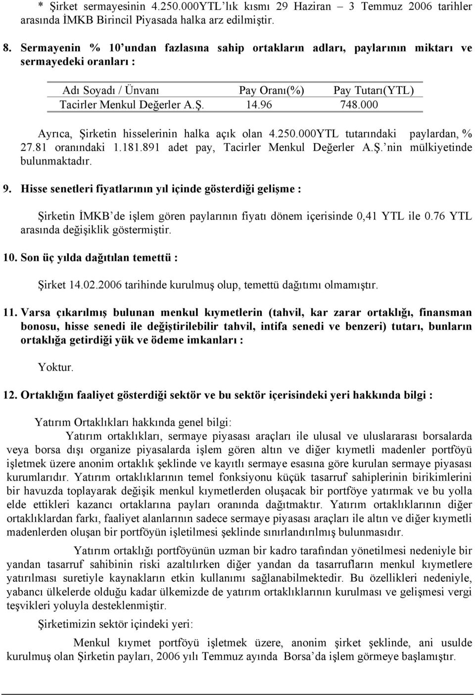 000 Ayrıca, Şirketin hisselerinin halka açık olan 4.250.000YTL tutarındaki paylardan, % 27.81 oranındaki 1.181.891 adet pay, Tacirler Menkul Değerler A.Ş. nin mülkiyetinde bulunmaktadır. 9.