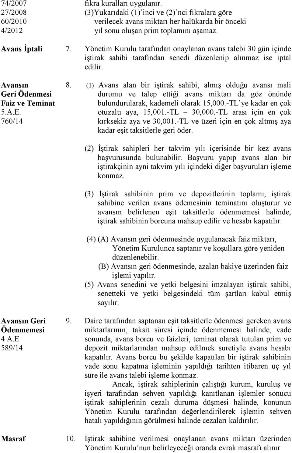 (1) Avans alan bir iştirak sahibi, almış olduğu avansı mali durumu ve talep ettiği avans miktarı da göz önünde bulundurularak, kademeli olarak 15,000.-TL ye kadar en çok otuzaltı aya, 15,001.