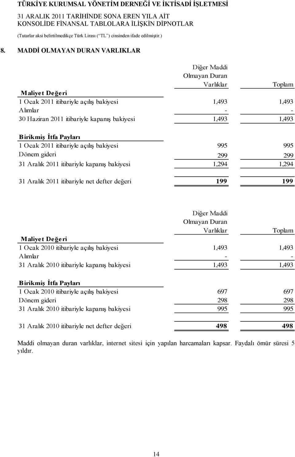 değeri 199 199 Diğer Maddi Olmayan Duran Varlıklar Toplam Maliyet Değeri 1 Ocak 2010 itibariyle açılış bakiyesi 1,493 1,493 Alımlar - - 31 Aralık 2010 itibariyle kapanış bakiyesi 1,493 1,493 Birikmiş