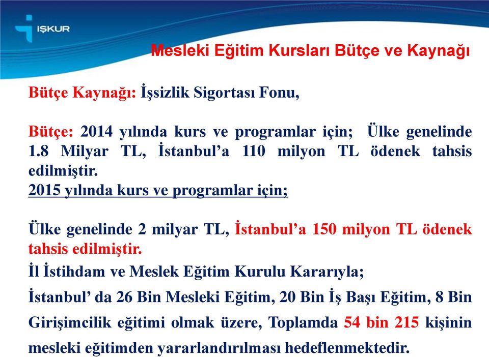 2015 yılında kurs ve programlar için; Ülke genelinde 2 milyar TL, İstanbul a 150 milyon TL ödenek tahsis edilmiştir.