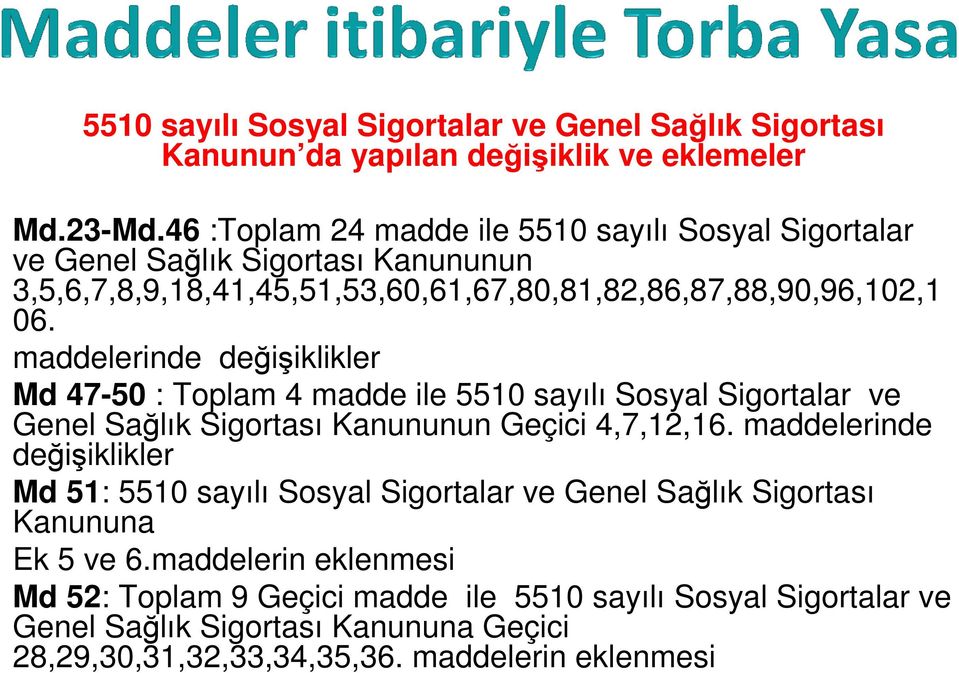 maddelerinde değişiklikler Md 47-50 : Toplam 4 madde ile 5510 sayılı Sosyal Sigortalar ve Genel Sağlık Sigortası Kanununun Geçici 4,7,12,16.