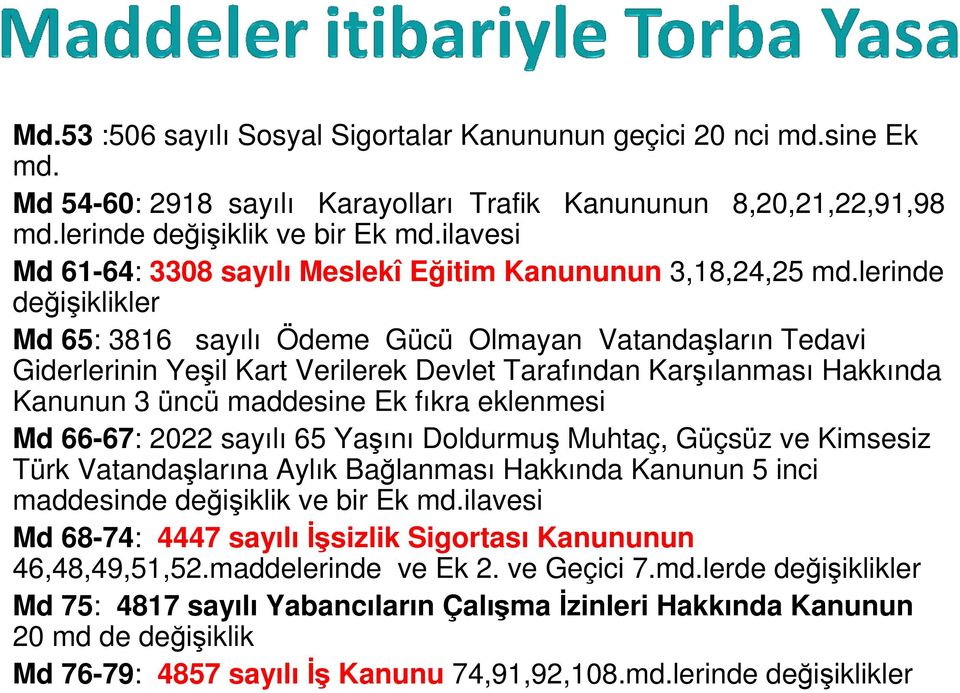 lerinde değişiklikler Md 65: 3816 sayılı Ödeme Gücü Olmayan Vatandaşların Tedavi Giderlerinin Yeşil Kart Verilerek Devlet Tarafından Karşılanması Hakkında Kanunun 3 üncü maddesine Ek fıkra eklenmesi