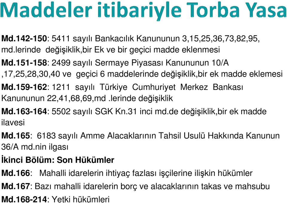 159-162: 1211 sayılı Türkiye Cumhuriyet Merkez Bankası Kanununun 22,41,68,69,md.lerinde değişiklik Md.163-164: 5502 sayılı SGK Kn.31 inci md.de değişiklik,bir ek madde ilavesi Md.